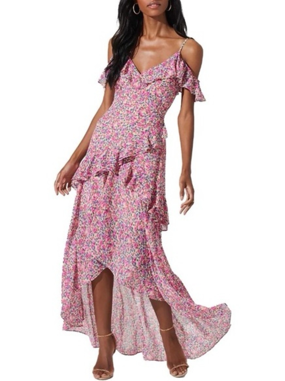ASTR the Label Pink Floral High-Low Ruffle Maxi Dress